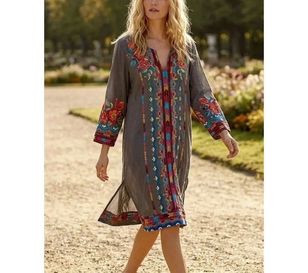 Johnny Was Linen Tunic Embroidered Cotton Midi Dress M
